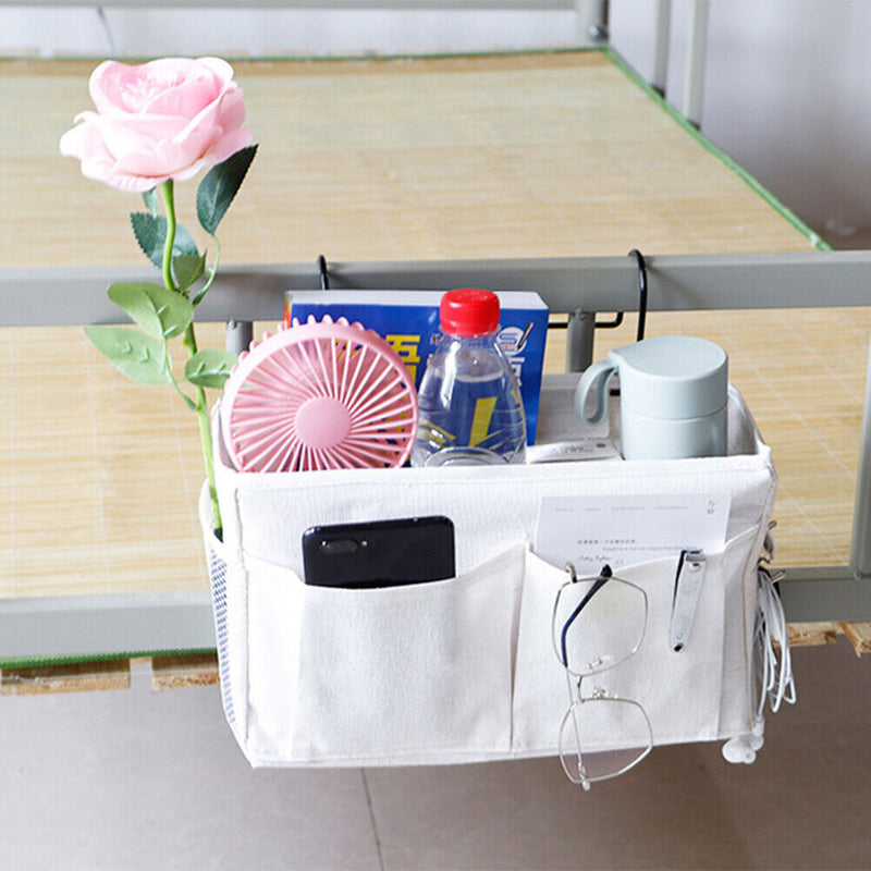 Bedside Caddying Storage Bag Hanging Organizer for Dorm Bed Rails (White) Newly