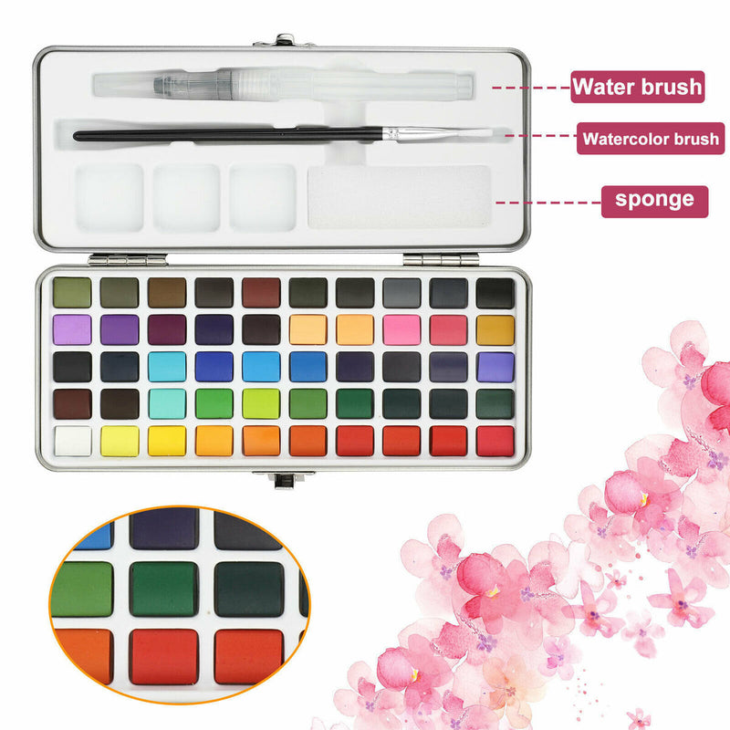Professional 50 Colors Watercolor Paint Draw Painting + Water Brush Pigments Set