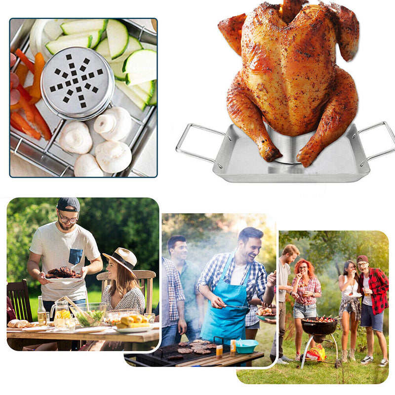 Stainless Steel BBQ Chicken Roaster Tray Roasting Pan Grill Cooking Rack