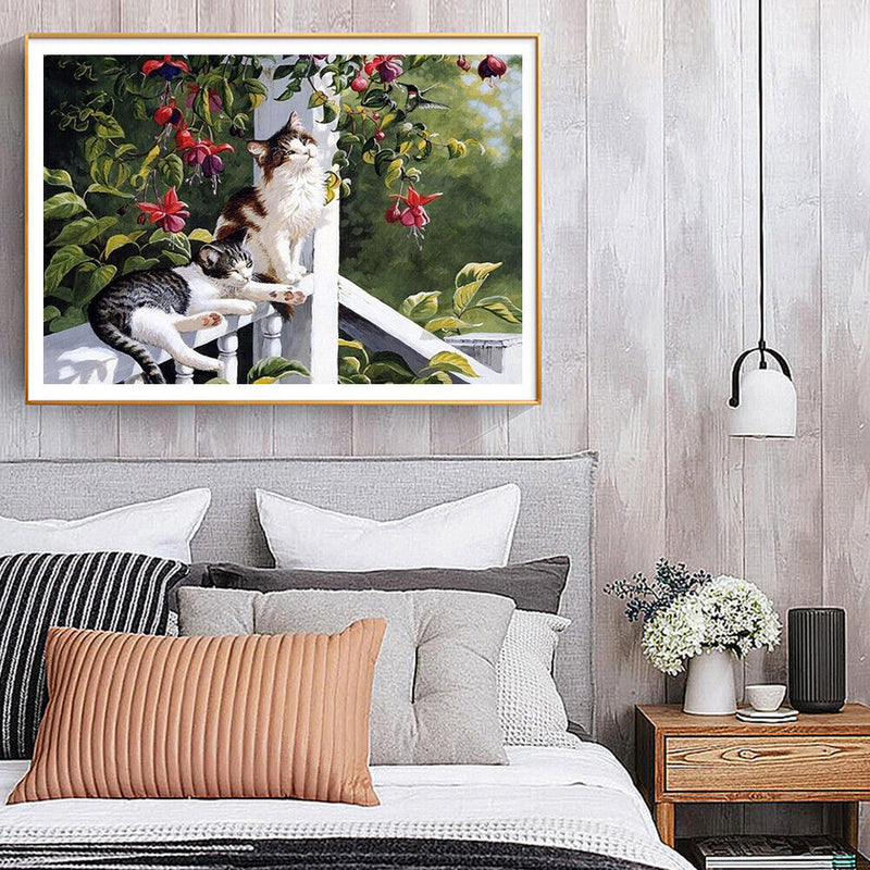 Frameless Oil Painting Picture By Number Cats On the Railing Hand Painted Craft