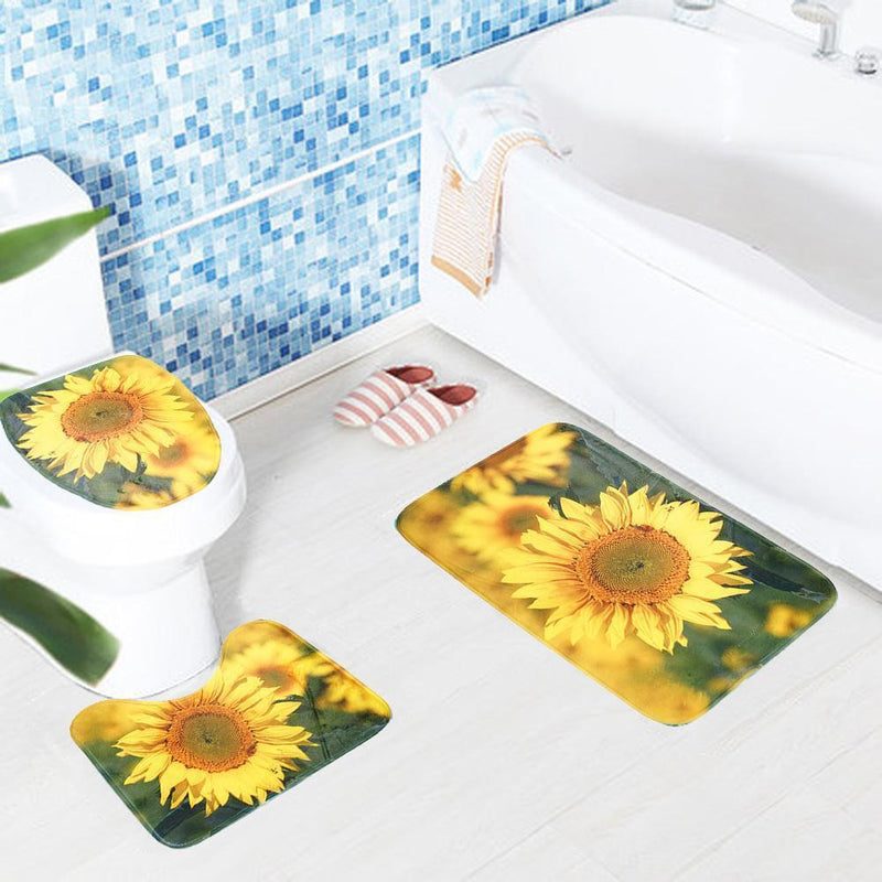 3pcs/set Bathroom Non-slip Rugs Bath Floor Toilet Cover Pads (Sunflower)