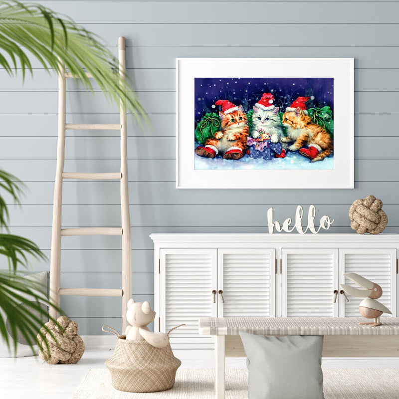 Handmade Christmas Cat 5D DIY Full Round Drill Drawing Kit Diamond Painting Gift