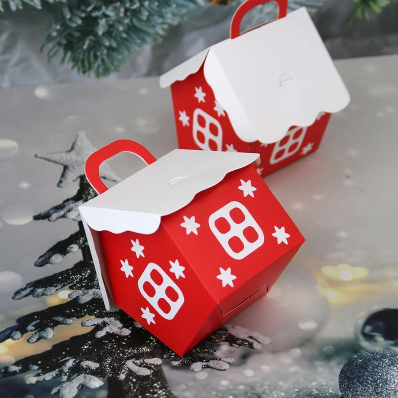10Pcs/Set Red Christmas Candy Box House Shape Papers Cookie Packing Containers#