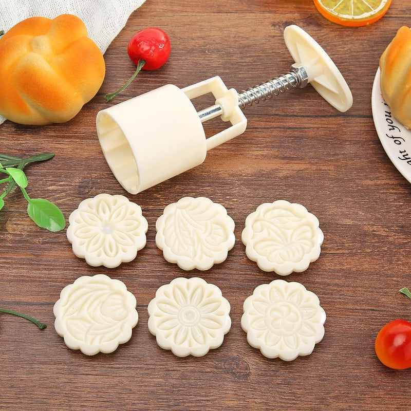 7pcs Stamps Round Mooncake Mould Hand Pressed Cake Decor Kitchen DIY Baking