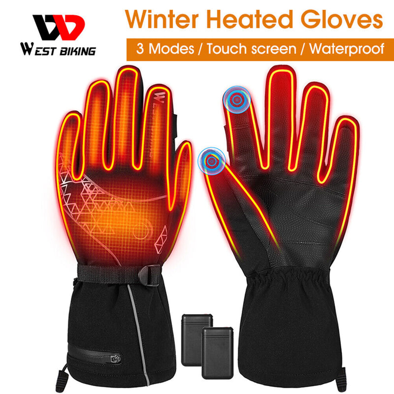 WEST BIKING Winter Electric Heated Thermal Gloves USB Rechargeable Cycling Glove