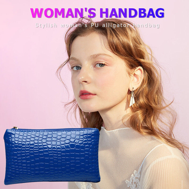 Retro Crocodile Leather Women Clutch Bag Zipper Purse Handbag (Dark Blue)