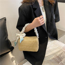 Woven Shoulder Bag Silk Scarf Pleated Travel Messenger Tote Handbag (Khaki)