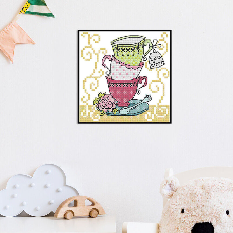 Tea Cup Partial Cross Stitch 11CT Counted Cotton Handmade Needlework Decor