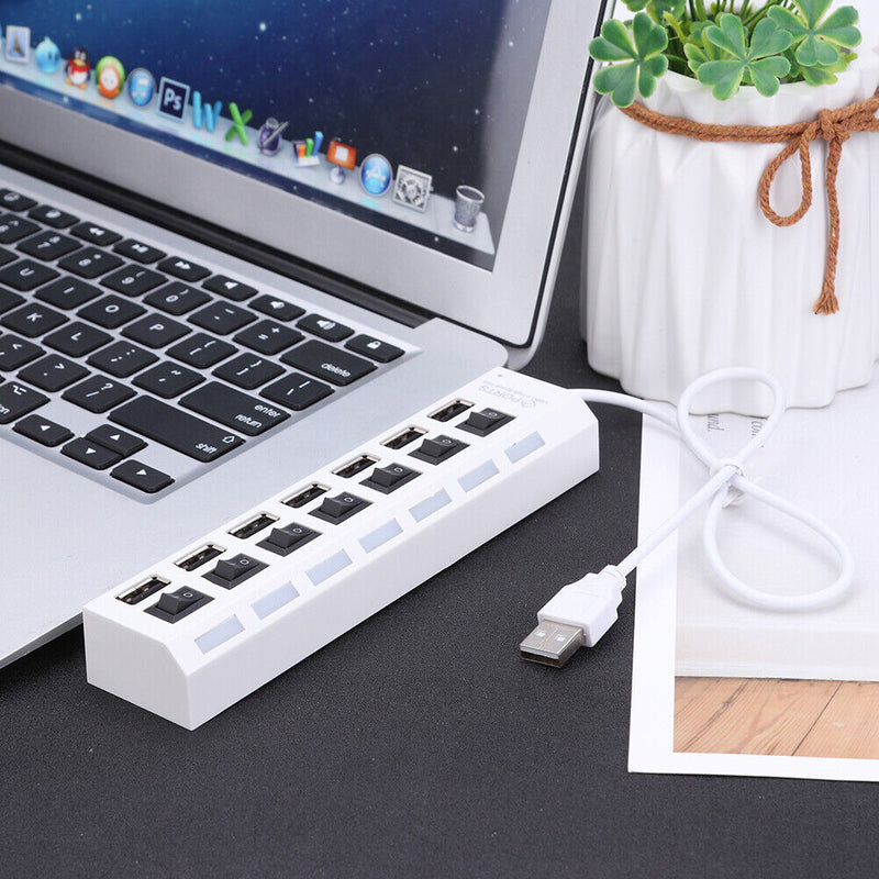 7 Ports High Speed USB 2.0 Hub Splitter w/ON/OFF Switch for Laptop (White)