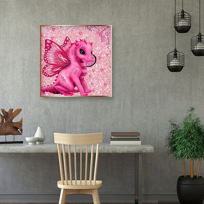 DIY 5D Full Drill Round Diamond Painting Kit Pink Dinosaur Drawing Home Decor
