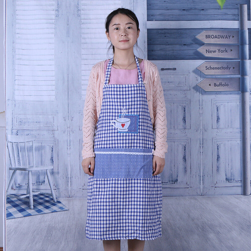 Embroidered Plaid Cotton Apron Kitchen Dining-room Clothes Apron(Blue)-1744