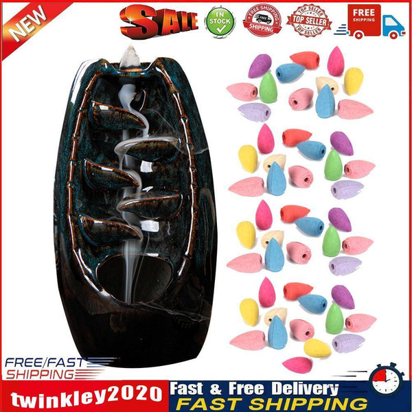 Incense Holder Ceramic Backflow Waterfall Incense Burner with 50 Cones (C) Newly
