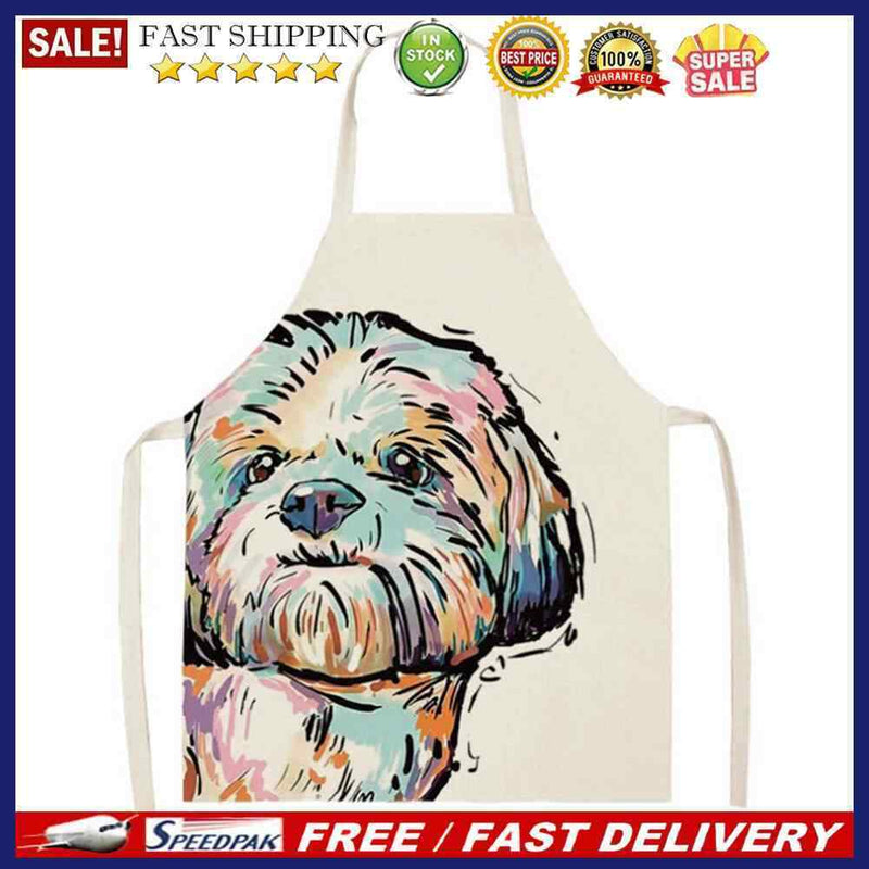 Linen Dog Print Kitchen Aprons Bibs for Women Men Household Dinner Cooking