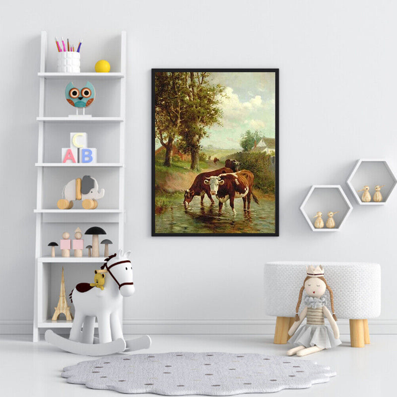 Frameless Painting By Numbers Kit Watering Cows DIY Drawing On Canvas Art Craft
