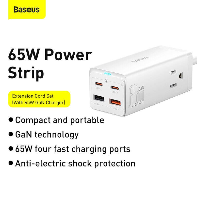 Baseus 65W GaN3 Pro Desktop Charger Power Strip Charging Station (White) Newly