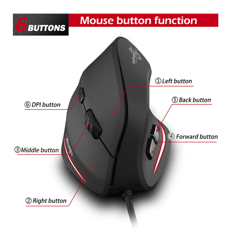 ZELOTES T20 Wired Vertical Optical Rechargeable 3200 DPI USB Gaming Mouse