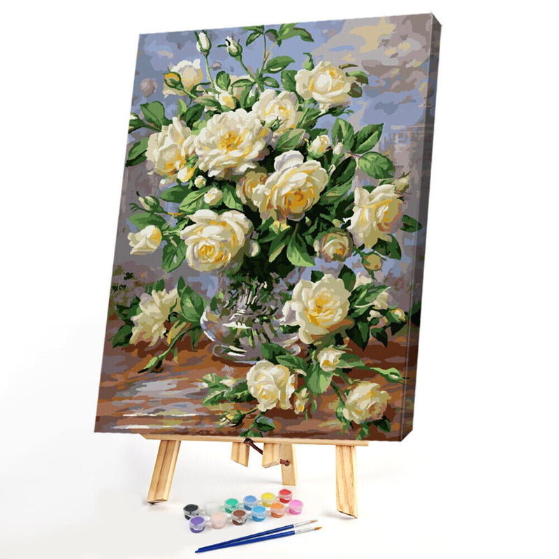 30x40cm White Rose DIY Paint By Numbers Oil Painting Kit Canvas