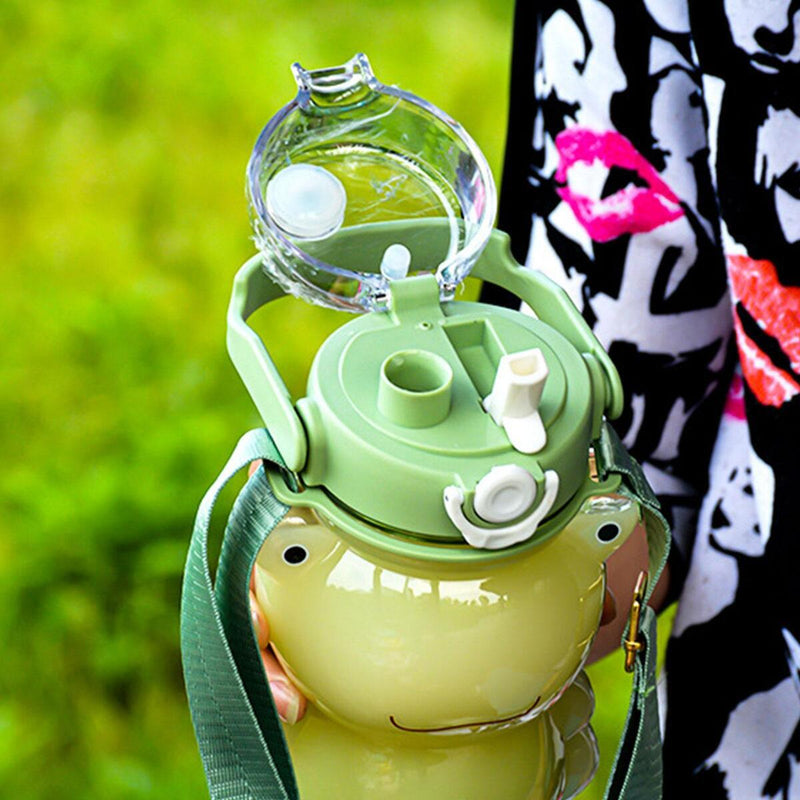 Frog Water Bottle with Straw and Strap Plastic Drinking Bottle Leakproof~