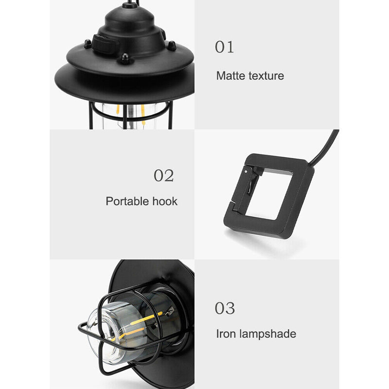 LED Camping Lamp Iron Outdoor Hanging Lantern USB Rechargeable (Short) Newly