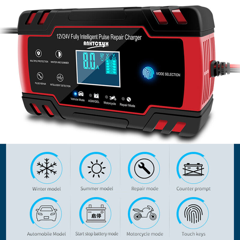 ANHTCzyx 12V/24V 8A Touch Screen Pulse Repair Car Battery Charger Red (UK) Newly
