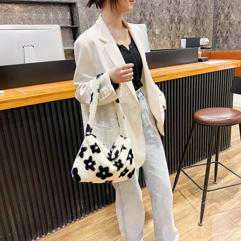 Animal Pattern Shoulder Underarm Bag Women Plush Top-handle Handbag (1)