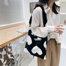 Fashion Women Love Print Plush Messenger Bag Autumn Winter Handbags (Black)