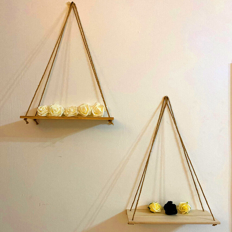 Wooden Swing Hanging Rope Ornament Rack Wall Mounted Shelves Plant Pot Holder