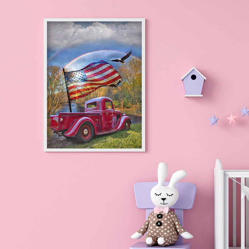 Full Round Drill Car with Flag Drawing 5D DIY Diamond Painting Kit Art Ornaments