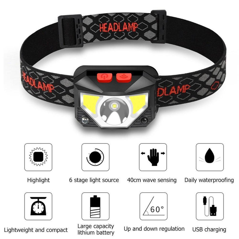 XPG+COB LED Headlamp Wave Induction 1000mAh Waterproof Outdoor Head Torch
