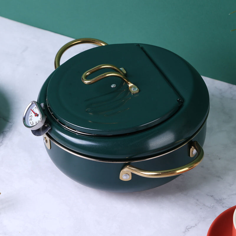 Deep Fryer Pot Stainless Steel Tempura Pot with Thermometer (24cm Green)