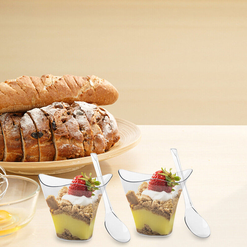 50pcs Clear Cup Kitchen Decor Cake Cup with Spoon Set for Tasting Pudding Yogurt