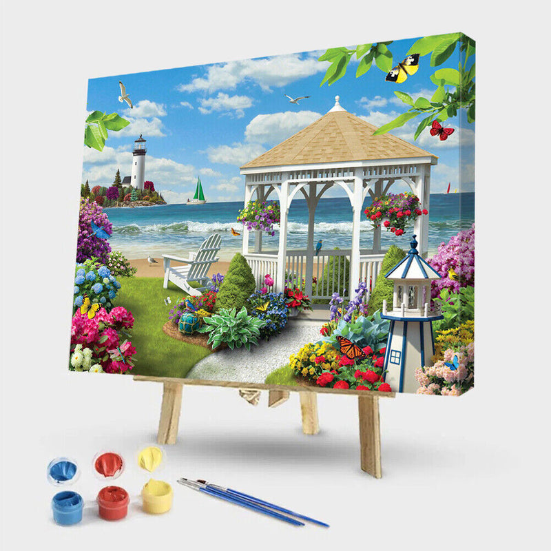 Painting By Numbers Kit DIY Seaside Pavilion Canvas Oil Art Picture Craft