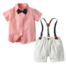 British Style Small Pocket Bow Tie Children Boys Summer Shirt Bib Pants Set