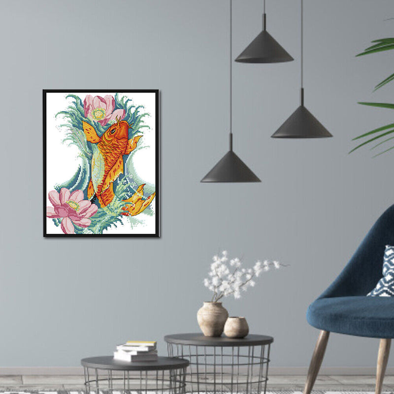 Part Embroidery Carp Flower Printed Cross Stitch Cotton 2-Beach 14CT Needlework