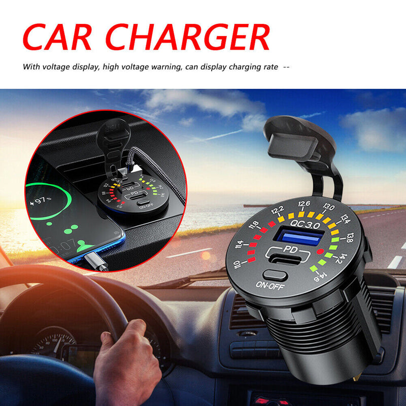 Car USB Charger Quick Charge 3.0 PD USB Type C Power Adapter with On/Off Switch