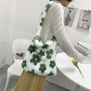 Women Plush Flower Pattern Handbag Lady Warm Large Shoulder Bag (Green)