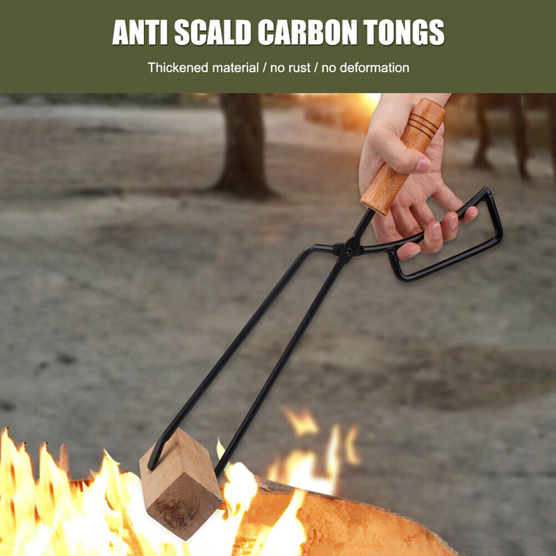 Charcoal Clamp Camping Bonfire Fireplace Fire Tongs with Leather Cover Barbecue