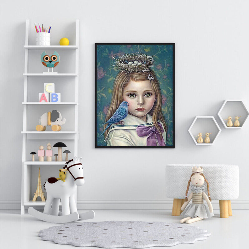 Frameless Oil Paint By Numbers DIY Girl Bird Picture Craft Kit for Living Room