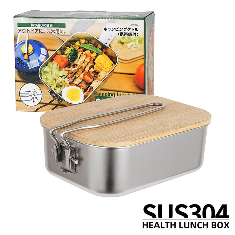 Portable Outdoor Lunch Box Stainless Steel Bamboo Wood Cutting Board Cover Newly