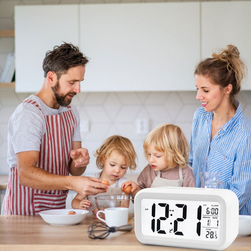 Temperature Alarm Clock LED Digital Backlight Calendar Snooze Clock (White)