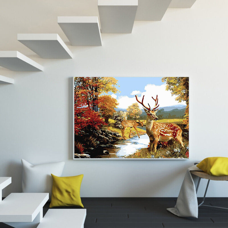 Deer by the Creek Oil Paint By Numbers DIY Canvas Wall Art Picture Craft Decor