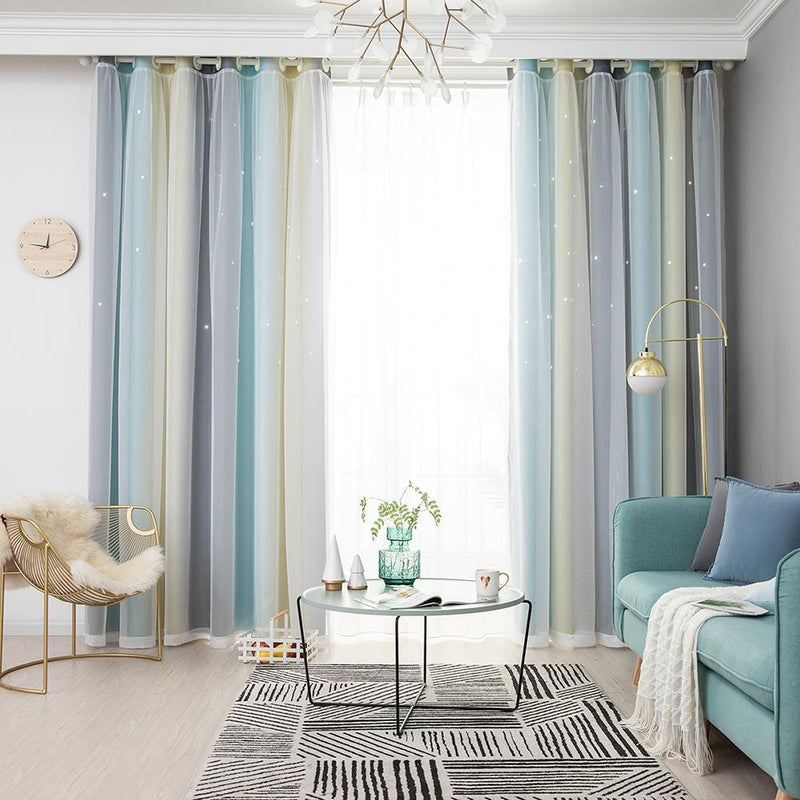 Gradient Hollow Star Curtain Bedroom Full Blackout Window Drapes (Beige)