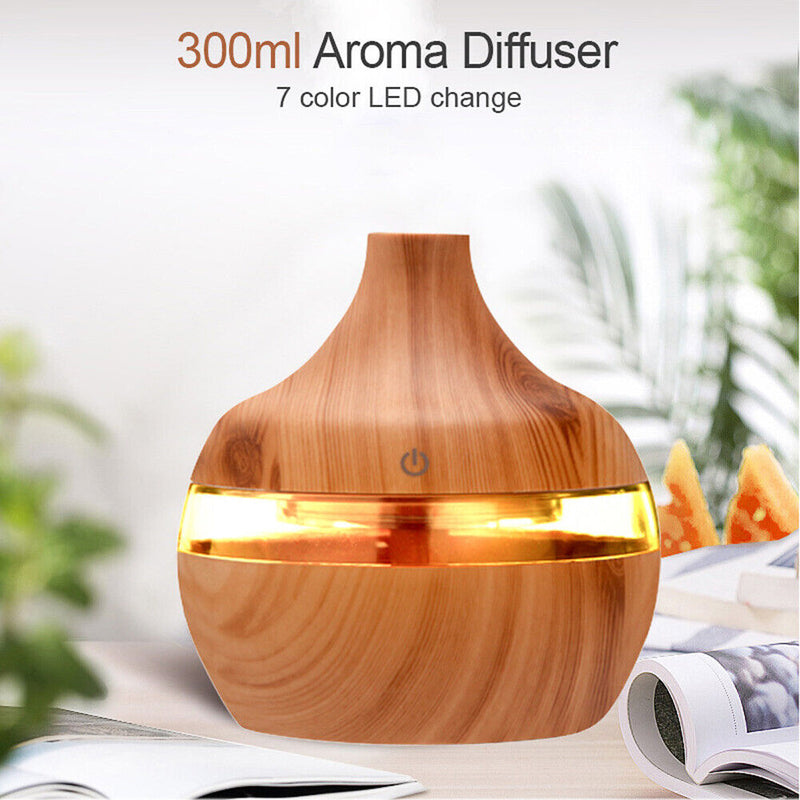 Essential Aroma Oil Diffuser Ultrasonic Wood Grain LED Light Room Air Humidifier