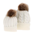 Mom Baby Kid Warm Raccoon Fur Bobble Beanie Cotton Knitted Parent-Child Hat