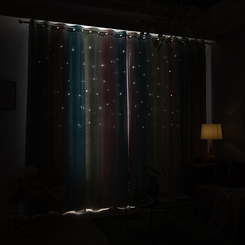 Gradient Hollow Star Curtain Bedroom Full Blackout Window Drapes (Pink)