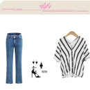 Stripe Loose Bat Short Sleeve T-shirt V-Neck Button Women Blouse (Black XL)