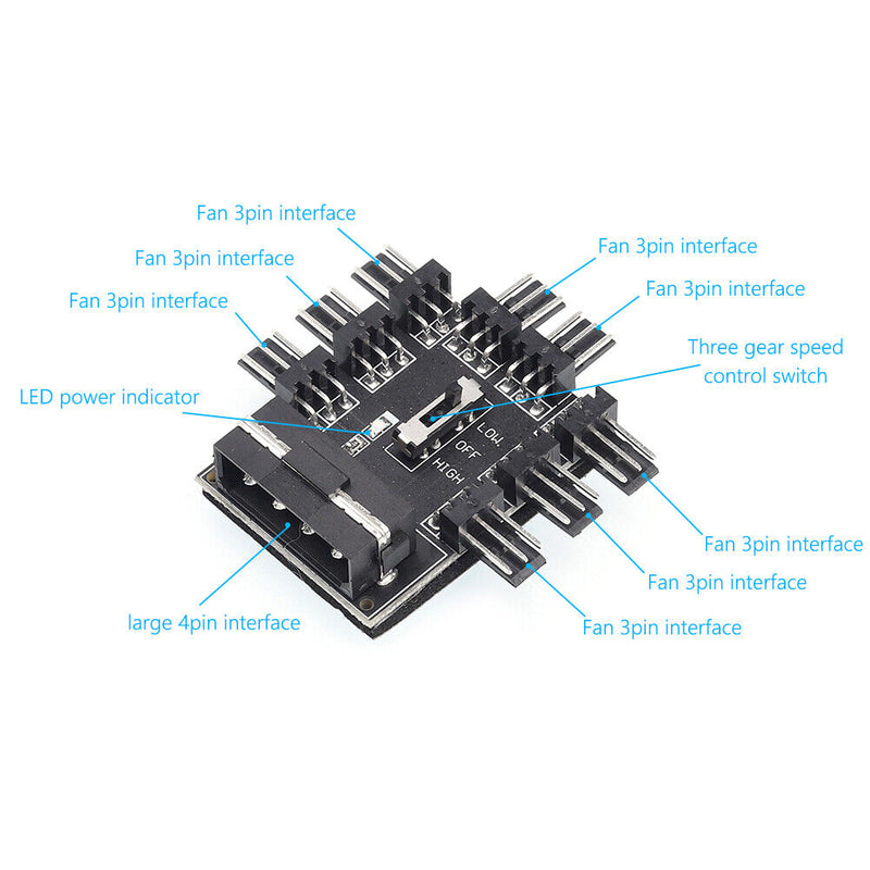 1 to 8 Computer Chassis Fan Hub Cooling Speed Controller 12V Power Supply Cooler