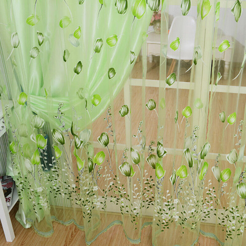 Tulip Flower Yarn Sheer Window Curtain Scarf Drapes for Bedroom (Green)