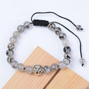 Unisex Lion Charm Beads Bangle Adjustable Strand Bracelet (Stripe Agate)