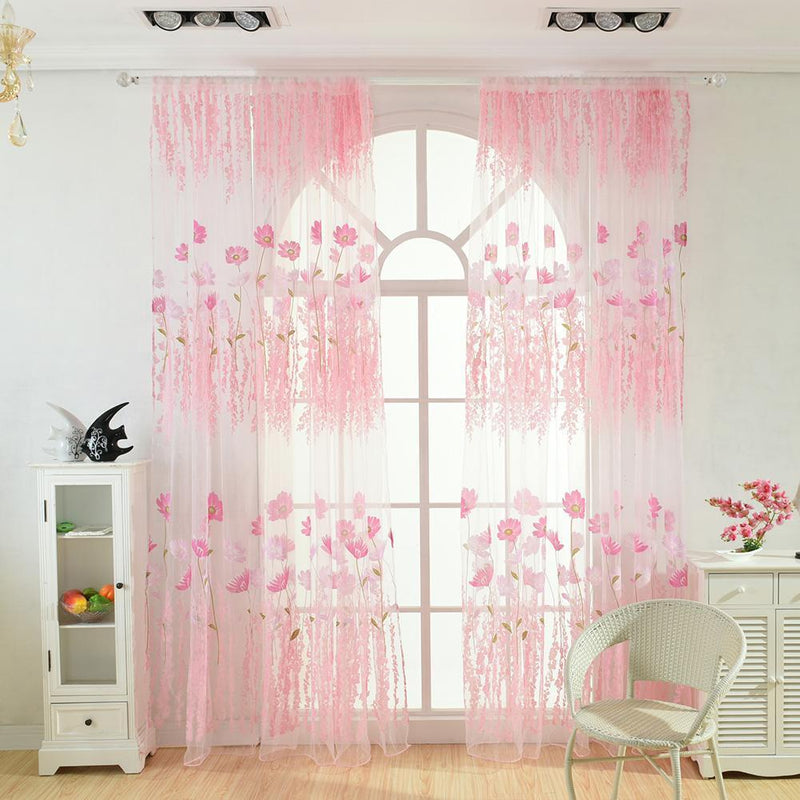 Offset Printing Sheer Curtain Yarn Tulle Window Screen Voile Panel(Pink)